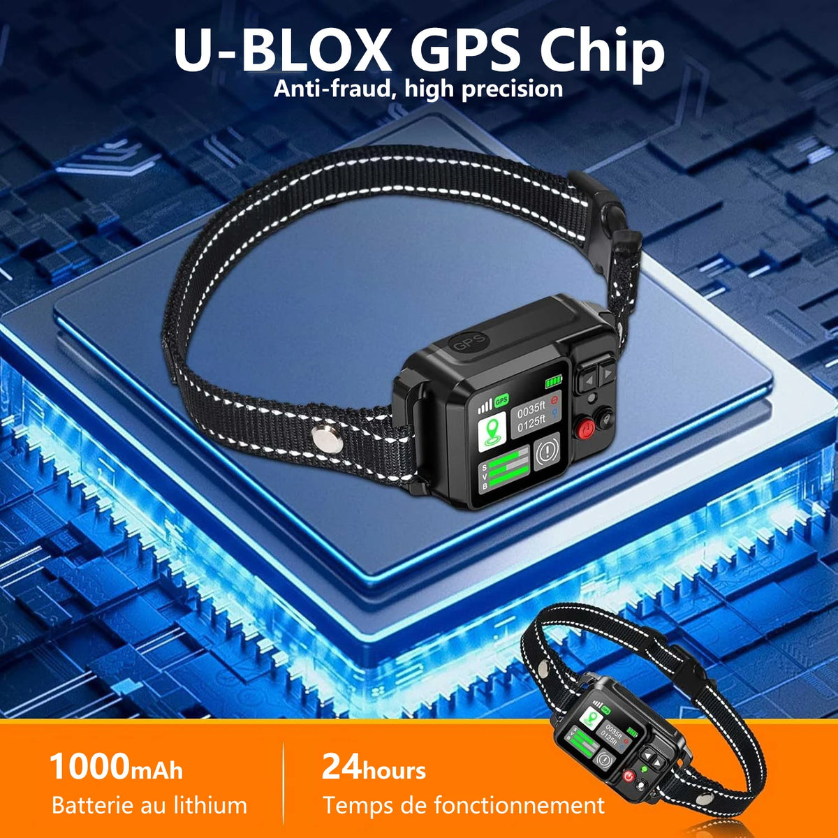 A black U-blox GPS chip attached to a strap is displayed on a blue circuit board with digital background graphics.