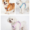 Three dogs wearing different colored breathable no-pull dog harnesses.