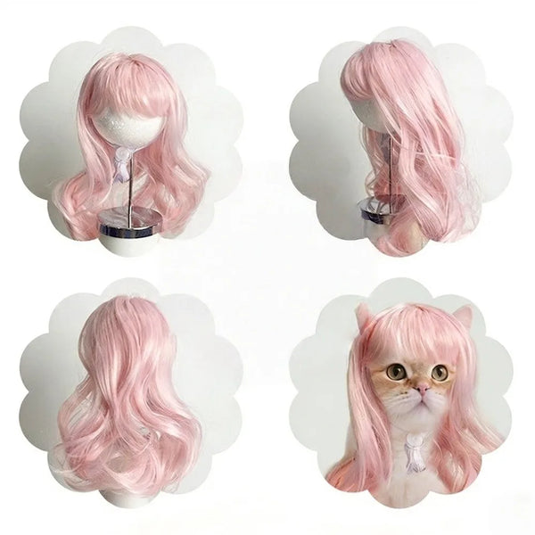 A display of a pink, long-haired pet wig for dogs and cats, shown on a mannequin head.