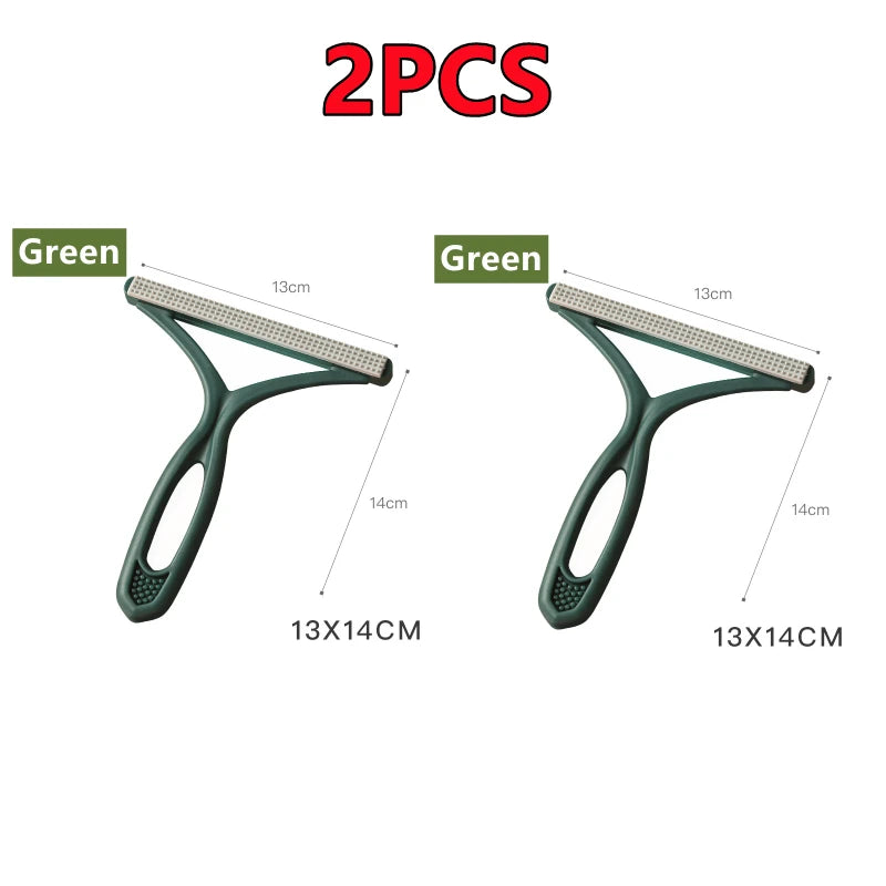 Two green silicone double-sided pet hair and lint removers shown with dimensions 13x14cm.