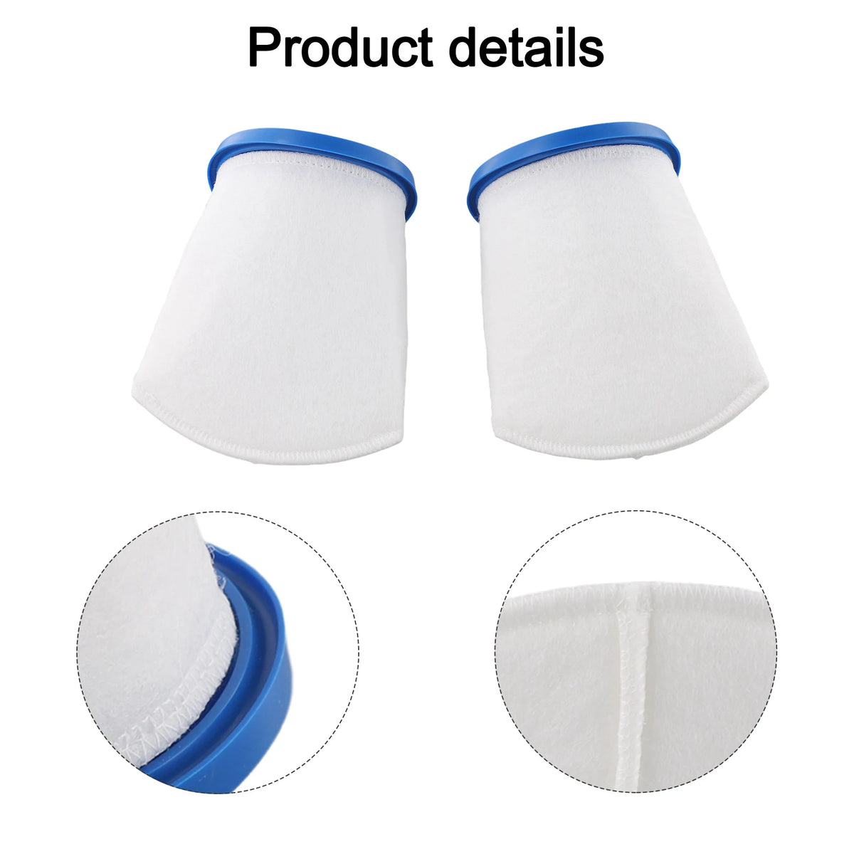 Two white reusable sand and silt filter bags with blue rims shown from the front and a close-up of the filter material.