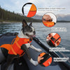 An orange dog life jacket with a Ripstop fabric and pearl cotton foam is shown being worn by a dog in a boat.
