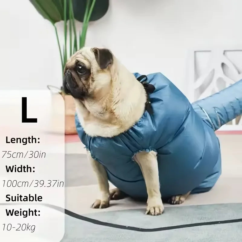 A light blue pet drying bag is shown next to a pug dog, illustrating the product's size and suitability.