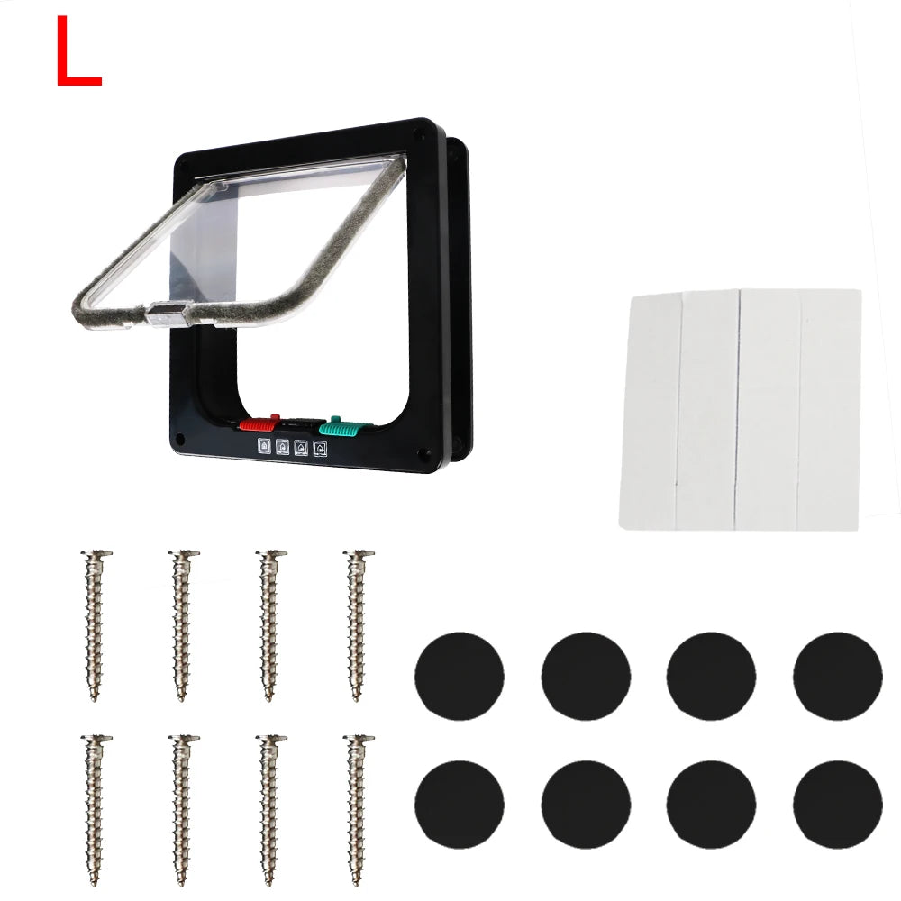 A black 4-way locking pet door for dogs and cats with a clear viewing panel and various locking mechanisms.