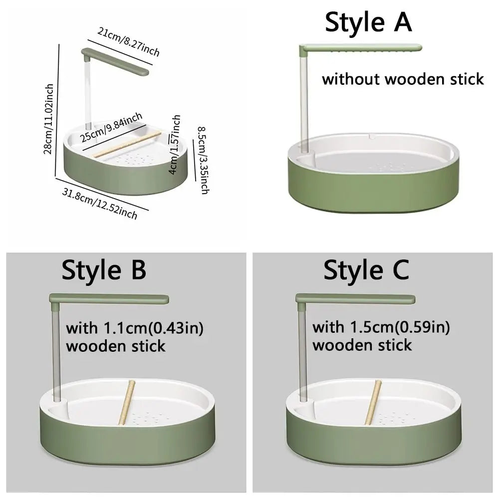 Three styles of an automatic bird bathtub featuring a resting stick: Style A without a wooden stick, Style B with a 1.1cm woo
