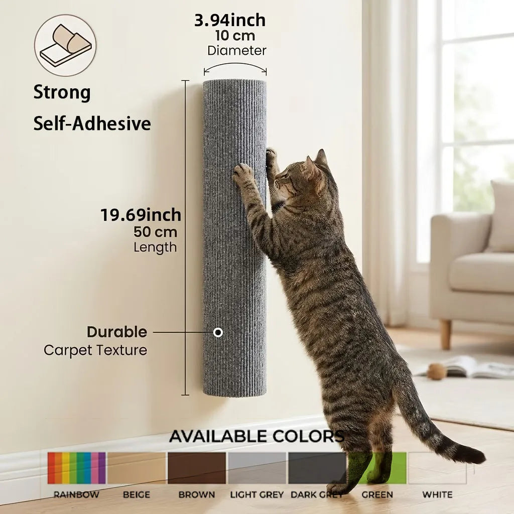 A tabby cat is interacting with a cylindrical, self-adhesive scratching post mounted on a wall.