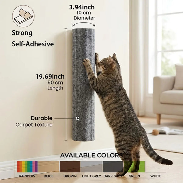 A tabby cat is interacting with a cylindrical, self-adhesive scratching post mounted on a wall.