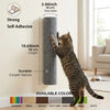 A tabby cat is interacting with a cylindrical, self-adhesive scratching post mounted on a wall.