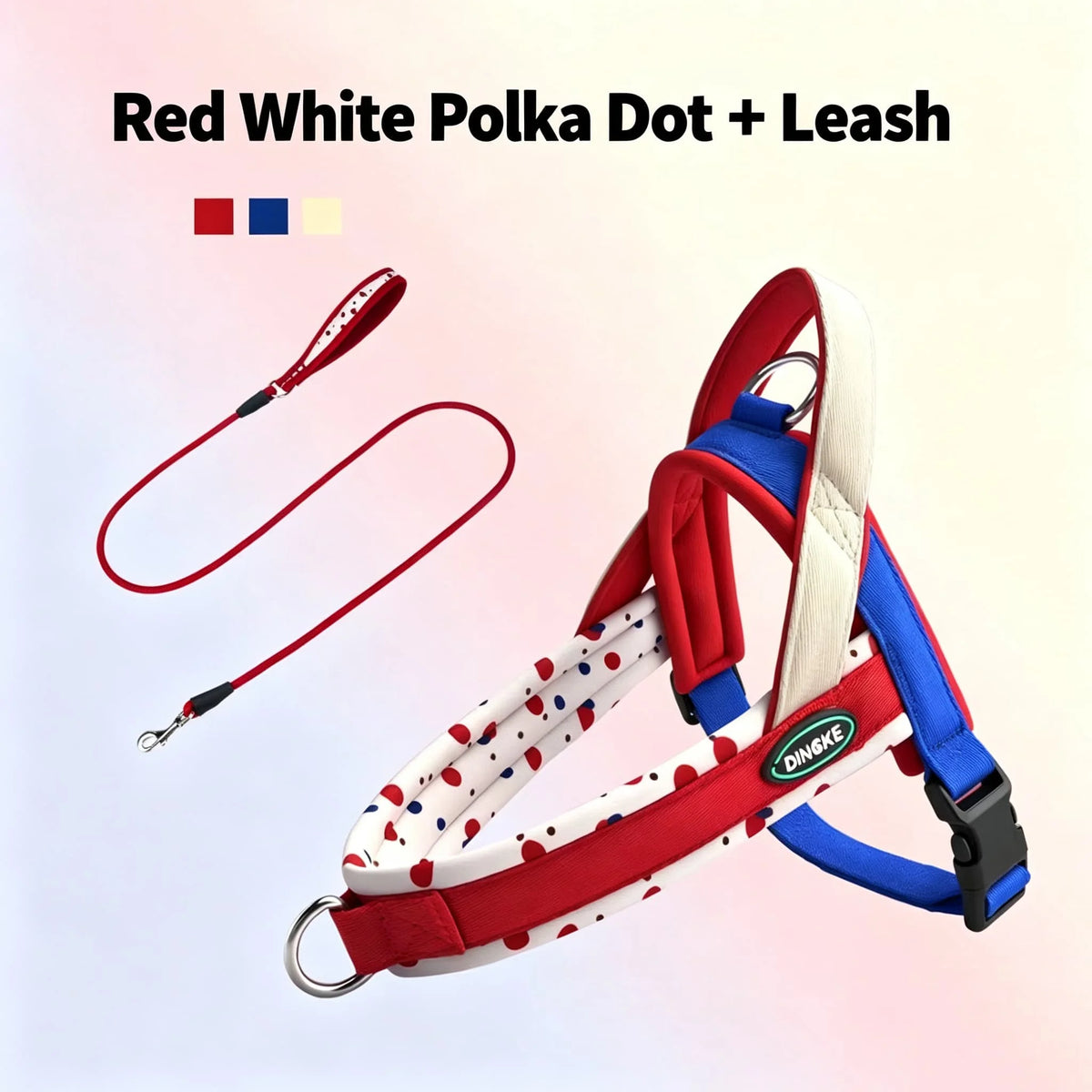 Harnais pour chien à pois rouge et blanc avec laisse et étiquette