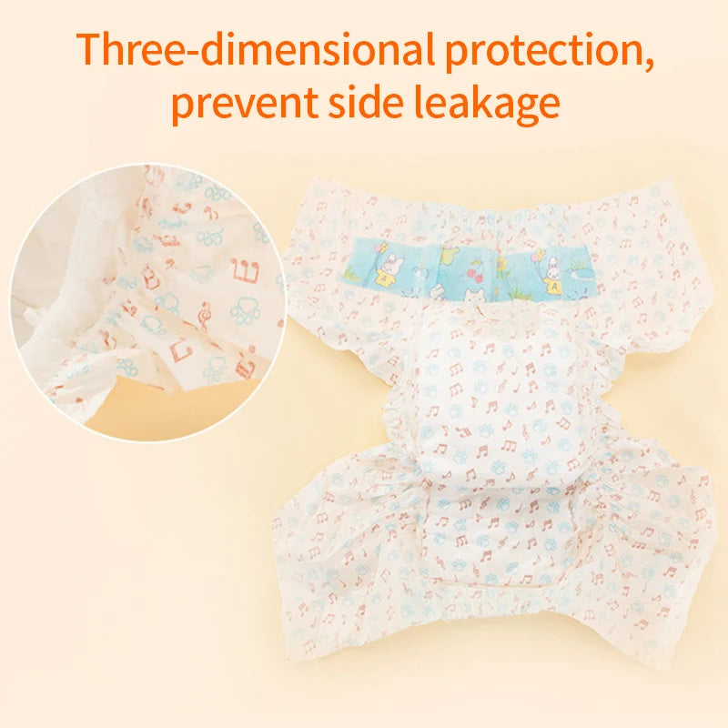 White and light blue patterned sanitary diapers for dogs demonstrating three-dimensional protection.