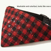 A red and black plaid bandana scarf for pets is shown folded, demonstrating its washable and colorful features.