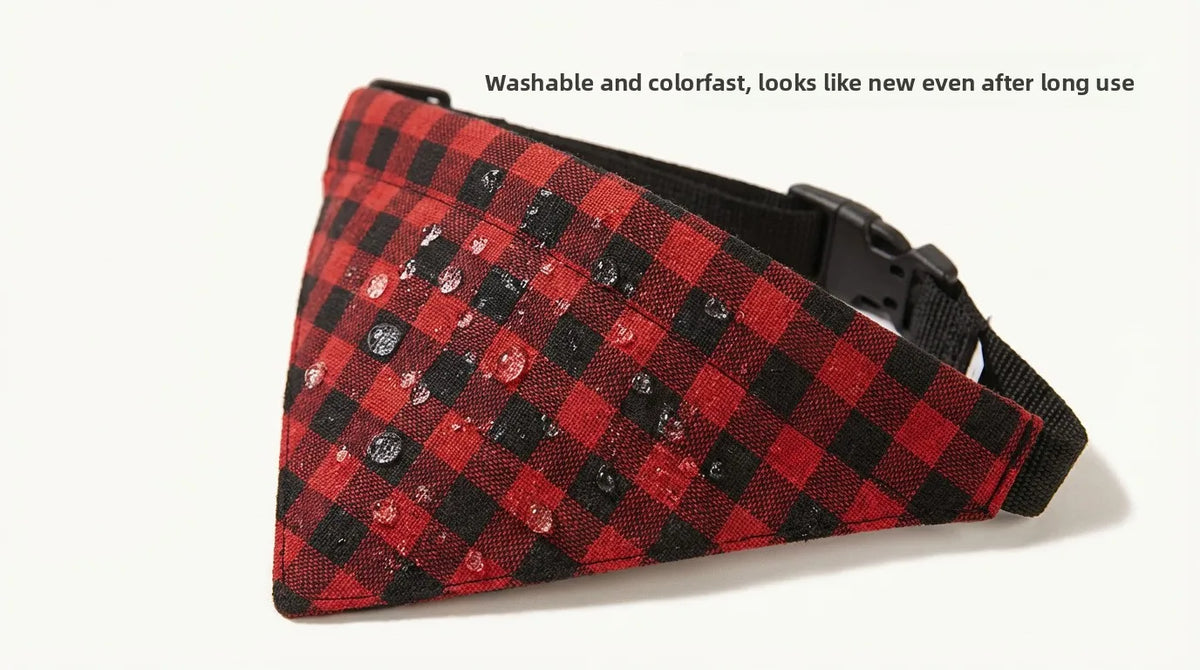 A red and black plaid bandana scarf for pets is shown folded, demonstrating its washable and colorful features.