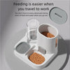 A white 2-in-1 automatic pet feeder and water dispenser set with food and water compartments.