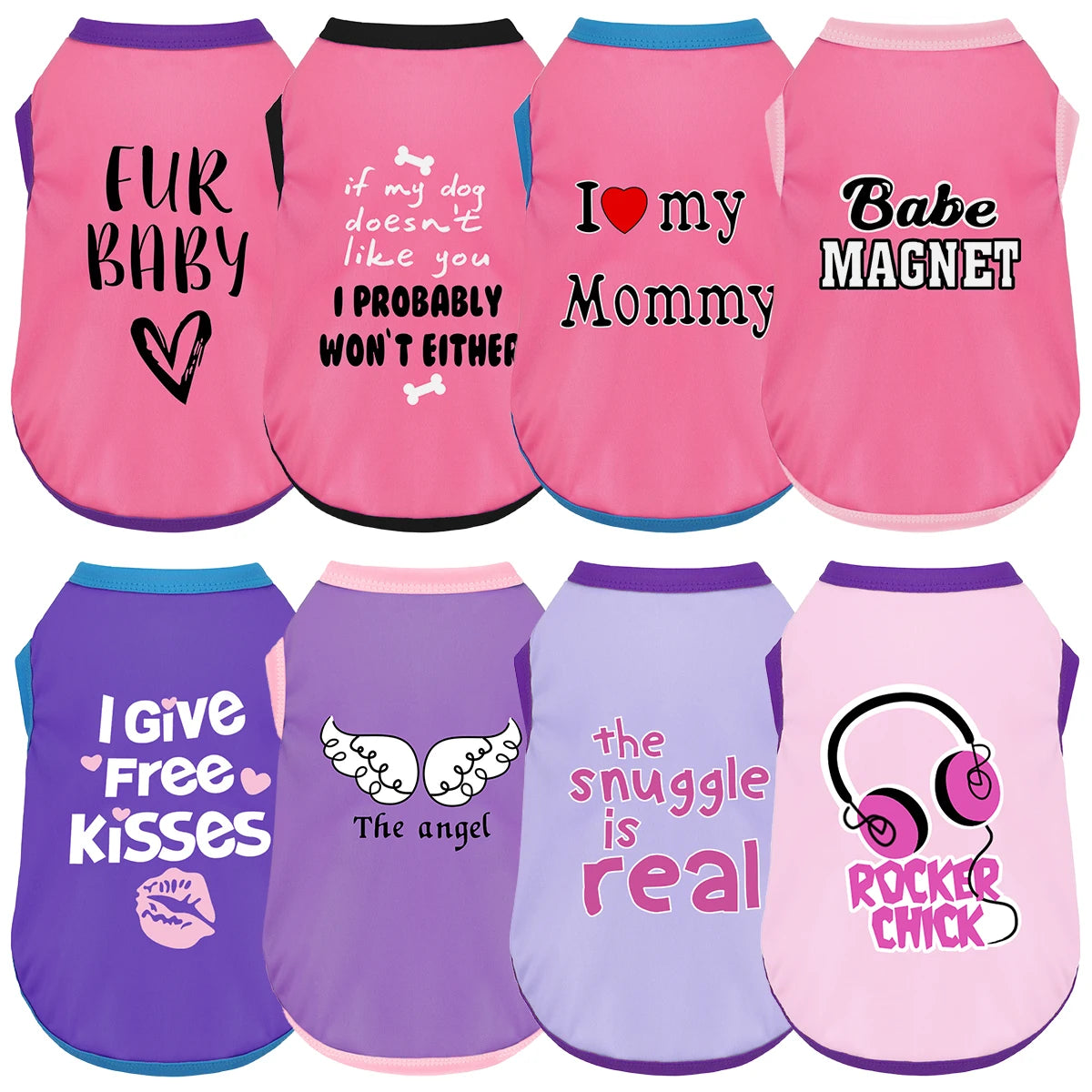 Eight pink and purple dog shirts featuring cute sayings like I love my mommy and I give free kisses
