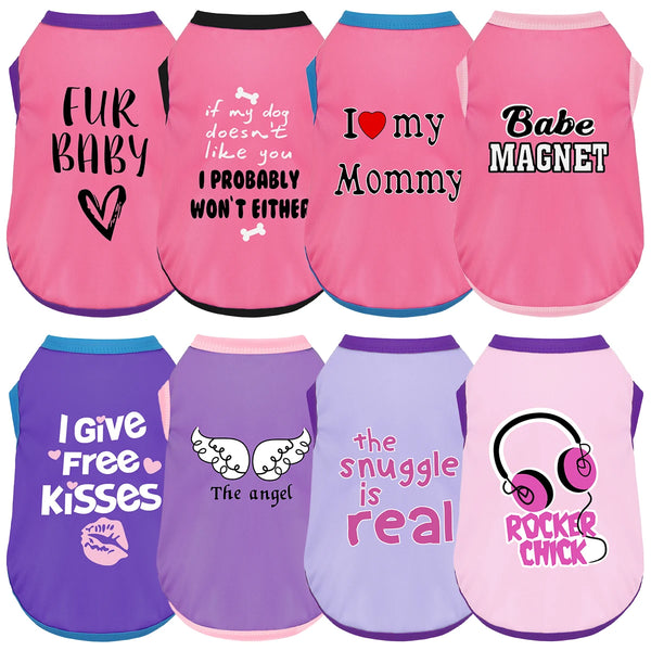 Eight pink and purple dog shirts featuring cute sayings like I love my mommy and I give free kisses
