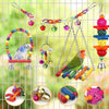 A collection of natural wooden swing and chewing toys for parrots, including colorful beads, chains, and wooden sticks.