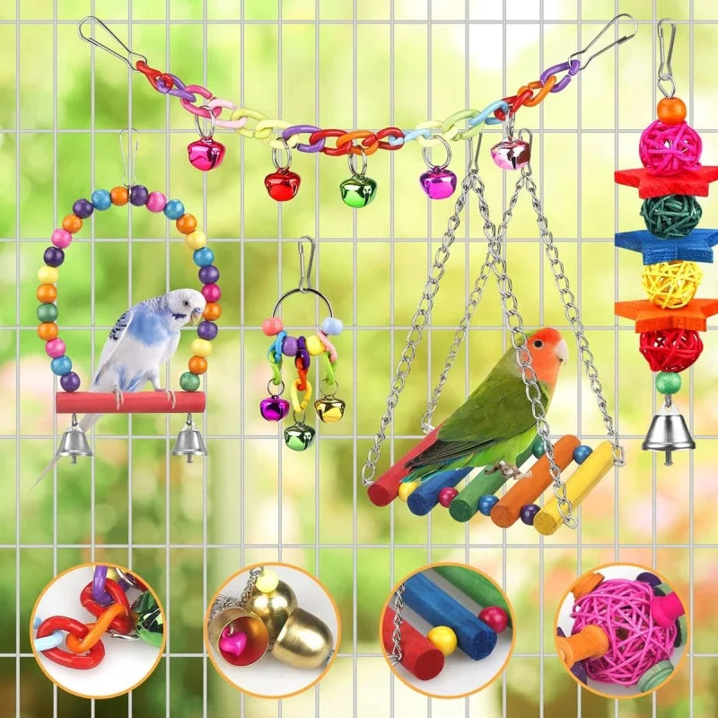 A collection of natural wooden swing and chewing toys for parrots, including colorful beads, chains, and wooden sticks.