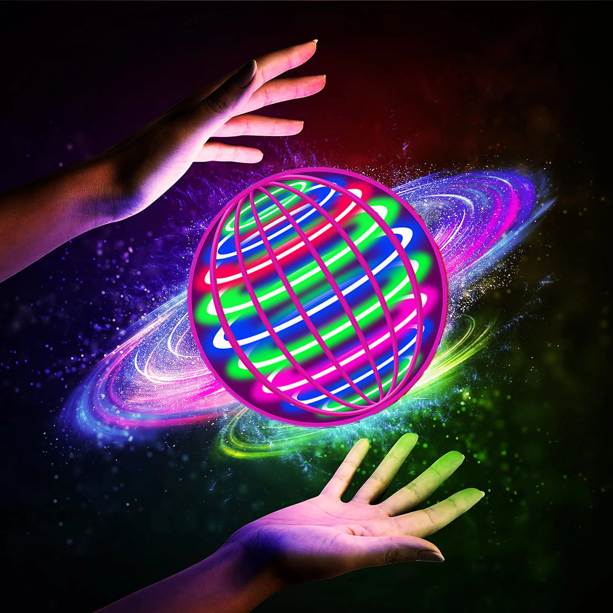A hand is holding a glowing, iridescent sphere that emits colorful light and trails of cosmic dust.