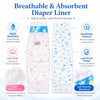 A package of breathable and absorbent diaper liners shown with features like high absorbency, ultra softness, and leak-proof 