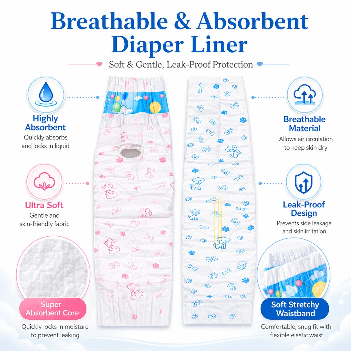 A package of breathable and absorbent diaper liners shown with features like high absorbency, ultra softness, and leak-proof 