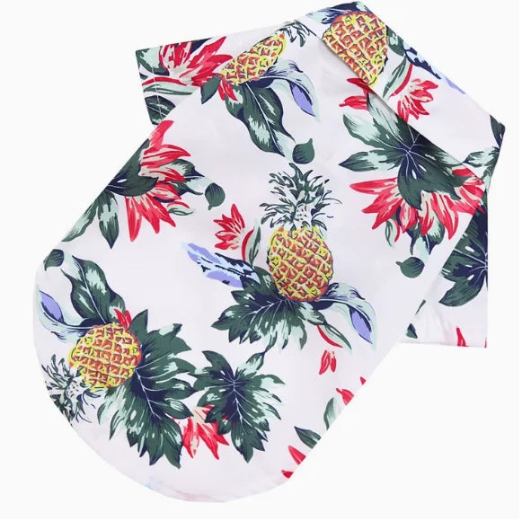 Hawaiian style pet dog summer beach shirt featuring a vibrant tropical floral print on a white fabric.