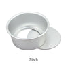 A round aluminum cake pan set consisting of a ring and a separate disc, shown in silver color.