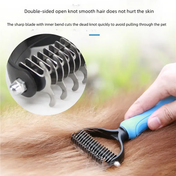 A close-up of a black grooming brush being used on a dog's fur.