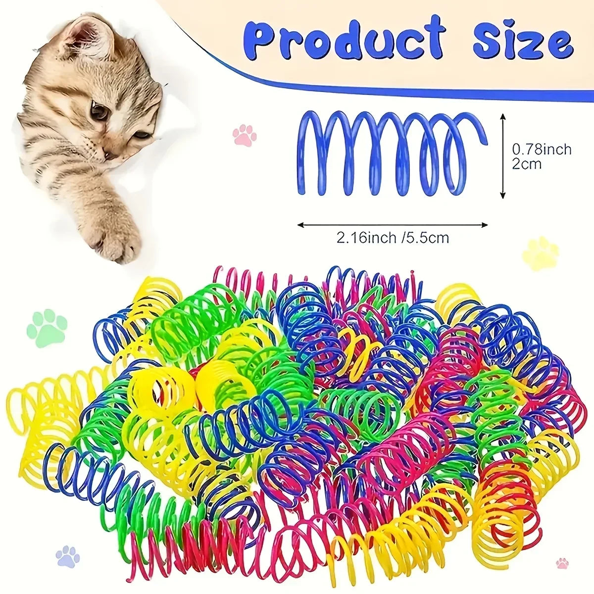 A bundle of colorful, springy cat toys in various colors like green, yellow, blue, and pink.