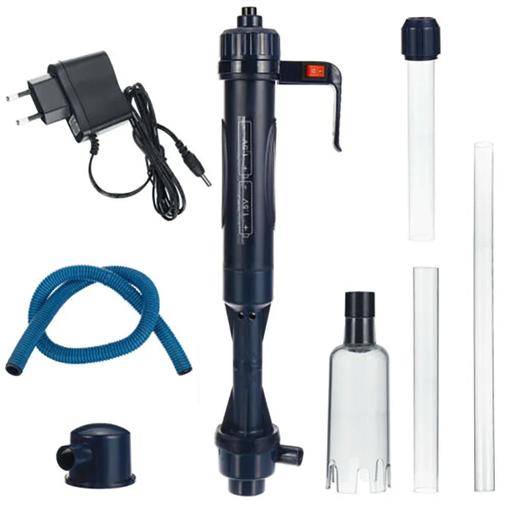 Un kit de pompe et d'outils pour nettoyer le gravier d'un aquarium, comprenant une pompe, un tuyau et un outil de nettoyage.