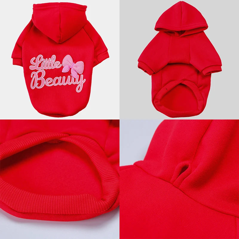 Red custom letter print dog hoodie shown in multiple views including the front, back, and interior