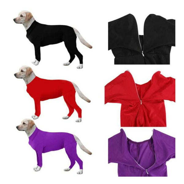 Three dog onesies in black, red, and purple showing full leg coverage.