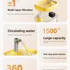 Fontaine à eau automatique jaune avec filtration multi-couches, circulation d'eau et accès à la boisson à 360 degrés
