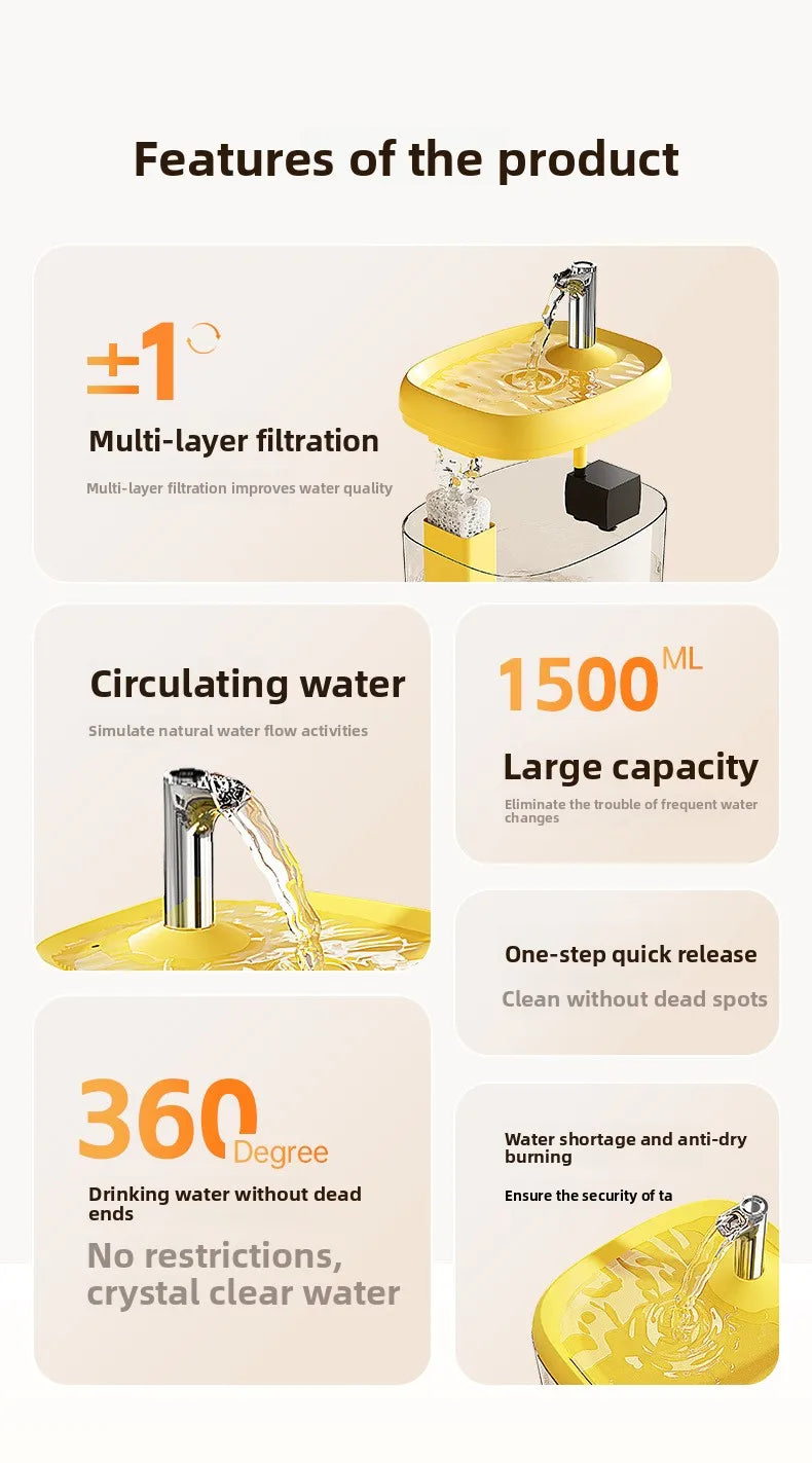 Fontaine à eau automatique jaune avec filtration multi-couches, circulation d'eau et accès à la boisson à 360 degrés