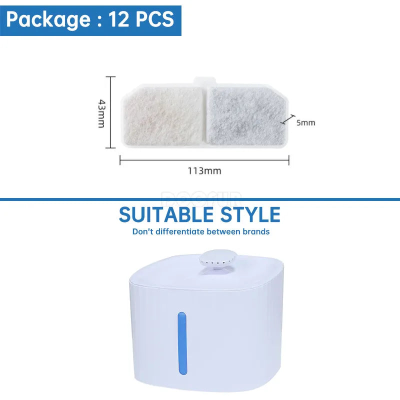 A package of 12 replacement filters for pet water fountains, showing the white foam filters and a white water fountain device
