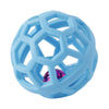 Light blue hexagonal rubber dog chew ball with a bell