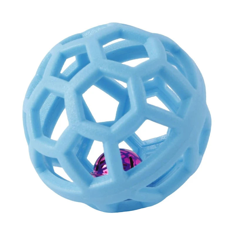 Light blue hexagonal rubber dog chew ball with a bell