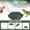 A green automatic feeder bowl for reptiles with a dispenser and bottle for water.