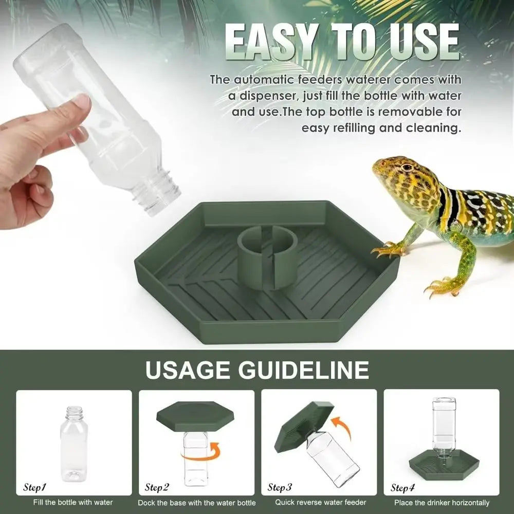 A green automatic feeder bowl for reptiles with a dispenser and bottle for water.
