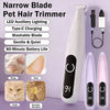 A white pet hair trimmer with a black body and charging cable, showing various trimming attachments.