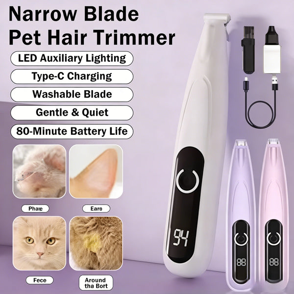 A white pet hair trimmer with a black body and charging cable, showing various trimming attachments.
