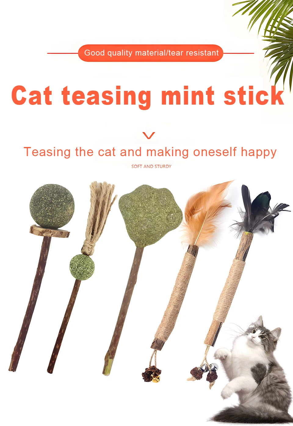A collection of cat teasing mint sticks in various natural colors and textures for cat play.