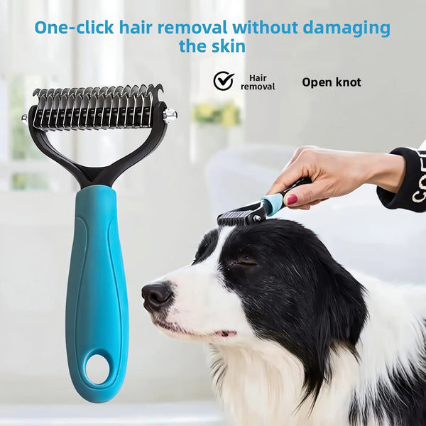 A hand uses a stainless steel pet hair removal comb brush to remove a knot from a dog's fur.
