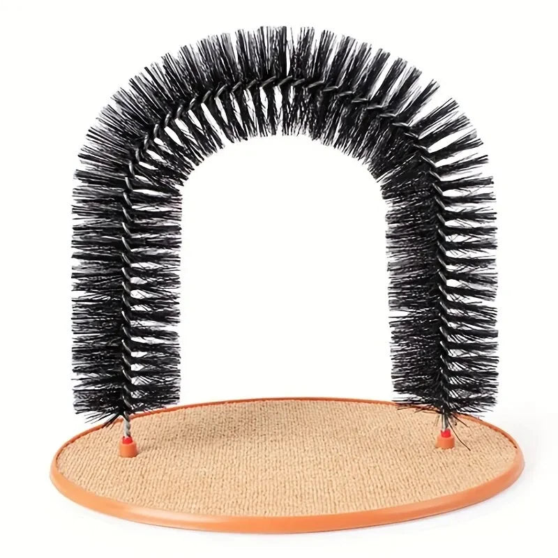 Schwarzer interaktiver Katzenpflege-Massagebürste mit breitem gebogenem Kopf und Holzbasis.