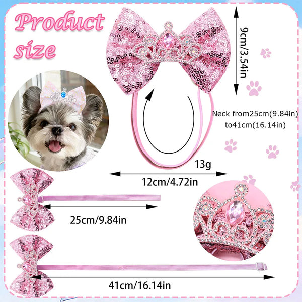 Pink glitter princess style dog hair bows and grooming tools including a bow and extension rods