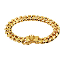 Collar para perro de acero inoxidable dorado con diseño de cadena de eslabones cubanos.