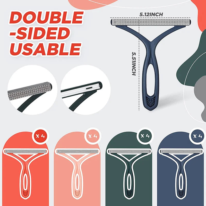 A double-sided silicone pet hair and lint remover tool shown in various colors and angles.