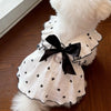 White pet dress with black hearts and lace trim featuring a black bow and leash ring