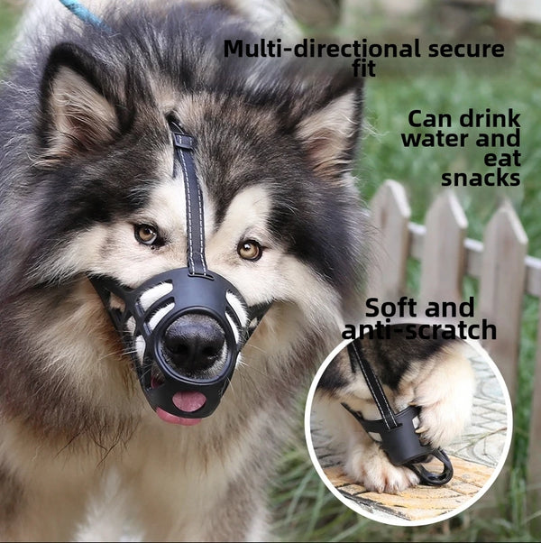 A husky wearing a multi-directional secure fit muzzle for safe chewing control.