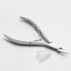 A pair of precision stainless steel cuticle nippers with a clear tip resting on a white surface.