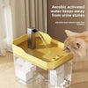 A yellow automatic water fountain for cats with a stream of water, placed inside a clear container.